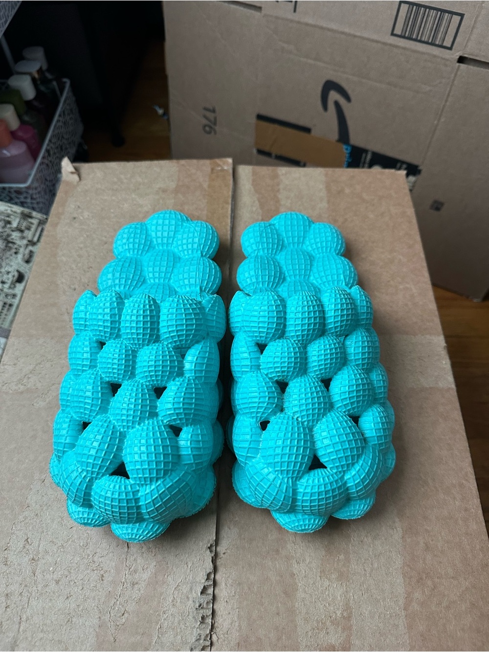 Bubble-Textured Aqua Slide Sandals
